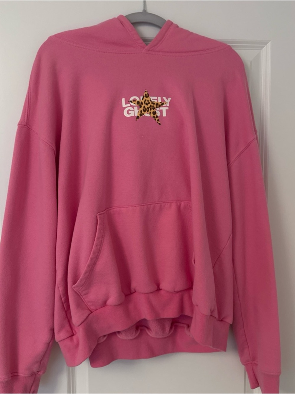 LONELY GHOST Pink Hoodie with Leopard Star Graphic